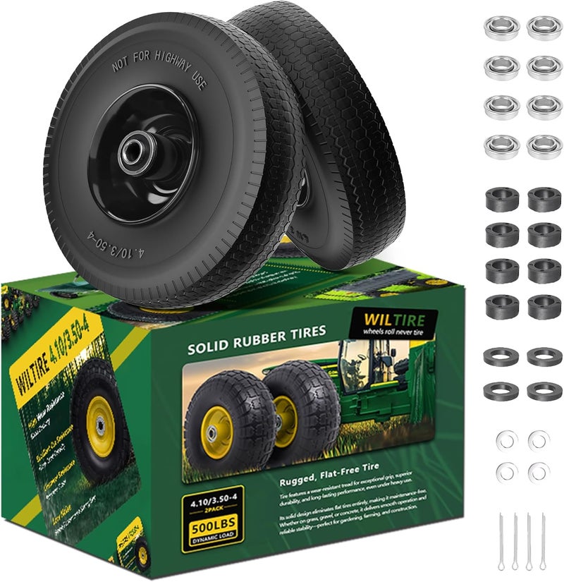 Wiltire (2 Pack) 4.10/3.50-4 Flat Free Tire and Wheel 10-Inch Solid Wheel Replacement with 5/8 Extra 3/4 &1/2 Bearings,2.2" Offset Hub -Compatible with Hand Truck,Wheelbarrow(Wave,Black) - Image 1